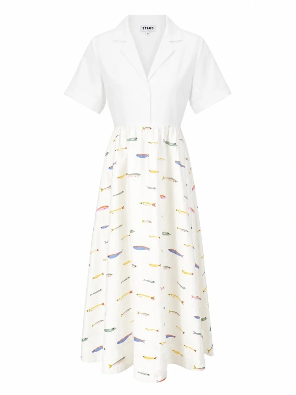 STAUD White 100% Linen Fish Print Maxi Shirt Dress Size S NWT Coastal Resort - Picture 3 of 12